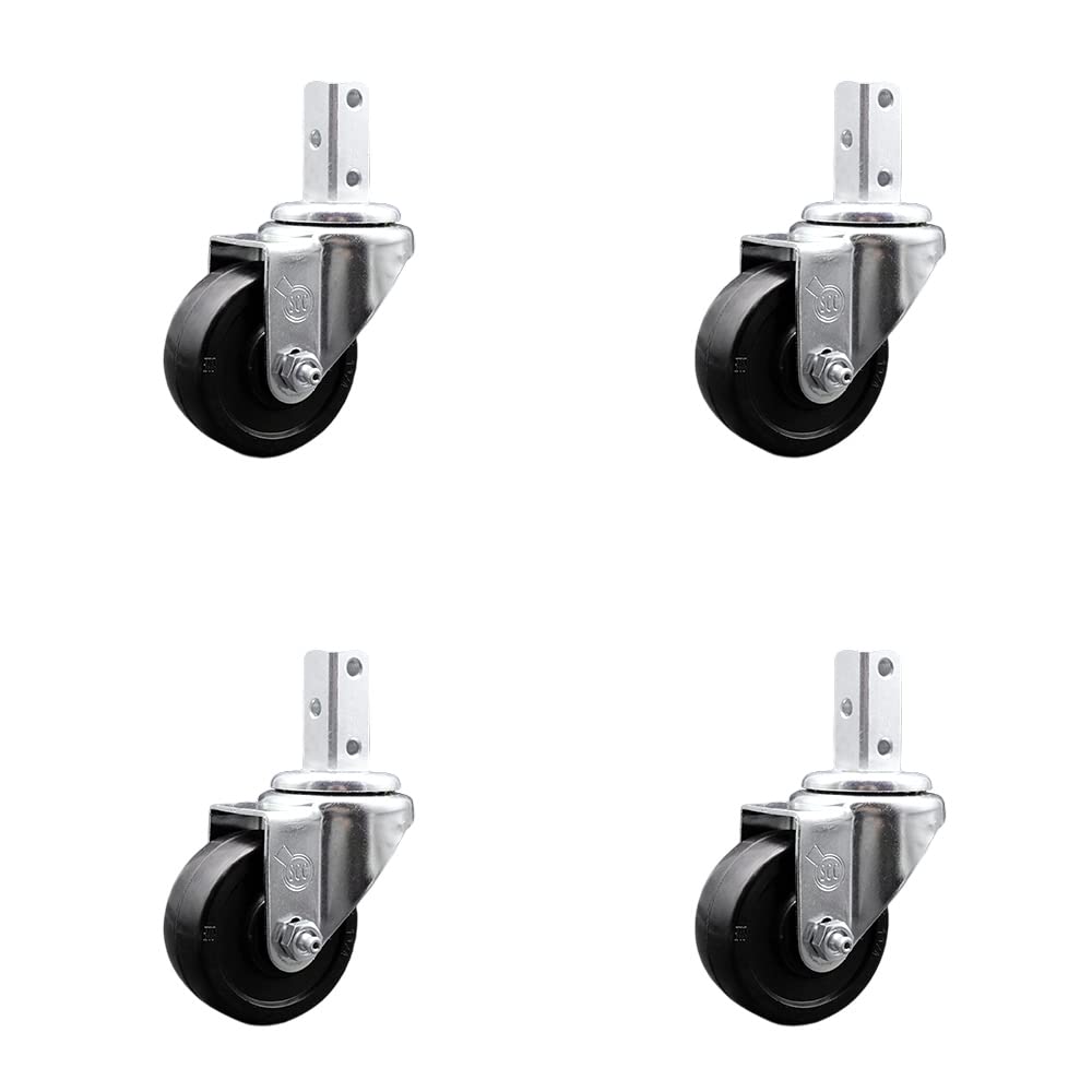 Swivel Square Stem Caster Set 4 w/3” x 1.25” Black Soft Rubber Wheel - 3/4” x 2” Square Stem with (3) 17/64” Diameter Mounting Holes - Includes 4 Swivel - 700 lbs. Cpty/Caster - Service Caster Brand