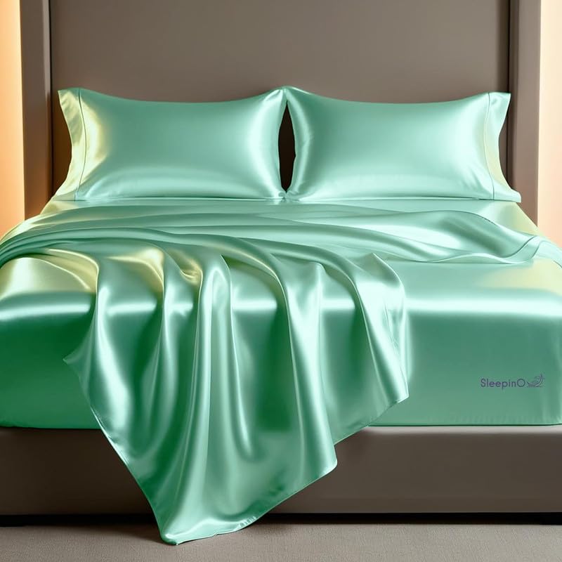 Image of Premium Satin King Size (92x106 Inchs) with 2 Pillow Cover Bedsheet Ultra Soft & Silky Smooth, Breathable Cooling Fabric, Luxury Glossy Finish|Aqua Green