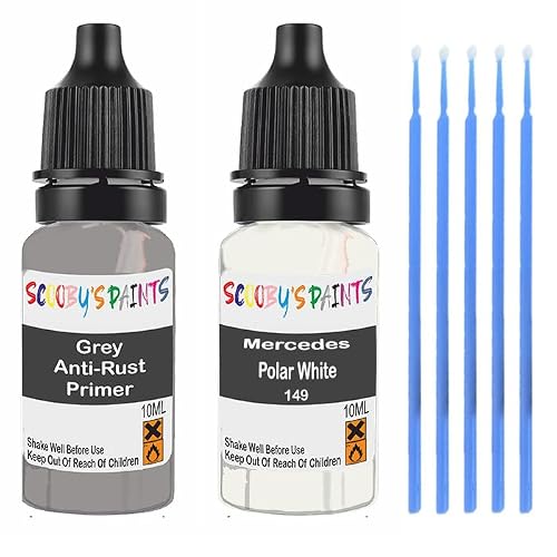 Scoobys Paints Back In The Mix White Touch Up Paint For Mercedes Polar 149 Scratch Stone Chip Repair With Grey Primer