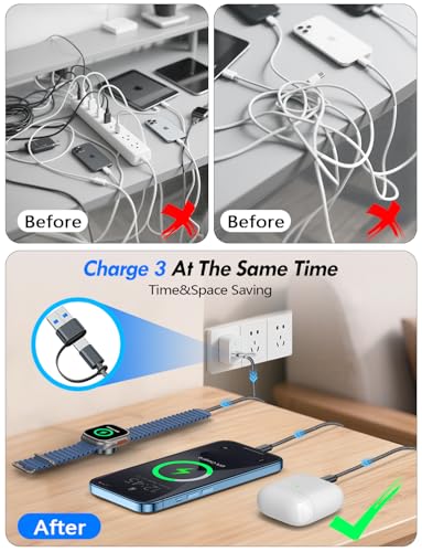 Image of 1Pack Multi Charging Cable Cord for Travel Essentials,Apple Watch Charger,iPhone Charger,[3-in-2] Type C /L Cable Portable Designed for iWatch,iPhone 17-8,Galaxy S26-21,AirPods,iPad-4FT Black