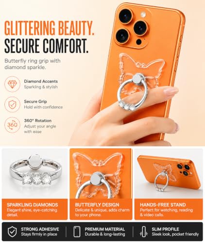 Image of Mizi 2-Pack Butterfly Phone Ring Holder Stand, 360 Rotating Finger Grip Kickstand - Sparkling Rhinestones, Strong Adhesive Transparent Phone Ring - iPhone, Samsung, Tablets & Most Phone Cases, Clear