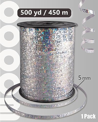 Image of PartyWoo Silver Iridescent PVC Plastic Curling Ribbon, 500 Yard, Ideal for Gift Wrapping, Crafts, Balloons, Flowers, Versatile Occasion, Birthday, Decorative Ribbon Trim, 9060