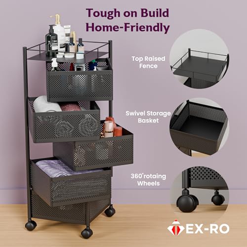 Image of TEX-RO Kitchen Trolley with Wheels | 2-Layer Metal Vegetable Basket Stand & Kitchen Storage Rack | Multipurpose Kitchen Organizer for Onion Potato Storage (Black)