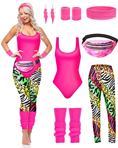 Hercicy 7 Pcs 80s Workout Costume 80s 90s Leotard Legging Headband Wristbands Leg Warmers Earrings Fanny Pack