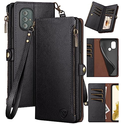 XcaseBar for Moto G Power 2022 5G Wallet case with Zipper Credit Card Holder?RFID Blocking?, Flip Folio Book PU Leather Phone case Shockproof Cover Women Men for Power2022 case Black