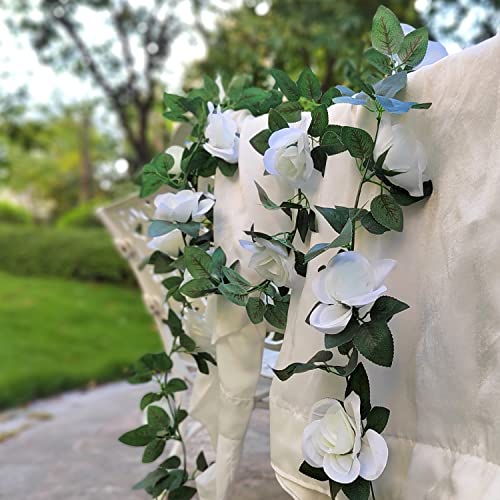 4Pcs(32 Ft) Artificial Rose Vine Fake Flower Garland Hanging Rose Ivy Hanging Baskets Wedding Arch Garden Background Decor (White) #TOP2