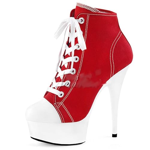 denova's Women's Canvas Very High Heel Lace Up Platform Pole Dance Ankle Boot with Zipper (12,red 2)