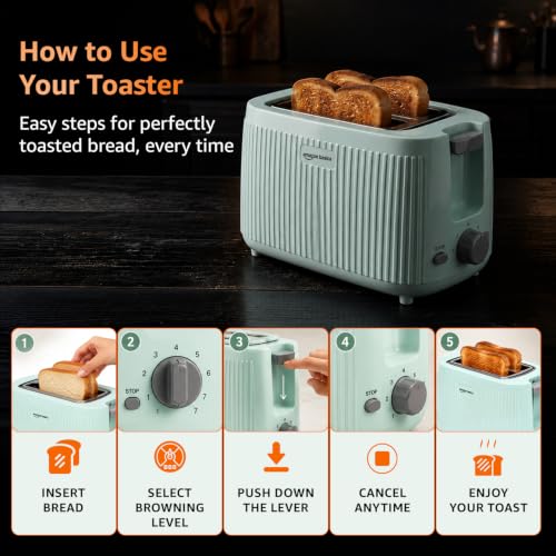 Image of Amazon Basics Pop-Up Toaster 2 Slice 600W | 7 Browning Levels | Auto Pop-Up & Auto Shut-Off | Mid-Cycle Cancel Function | Cool-Touch Housing | Dust Cover | Green | BIS Certified