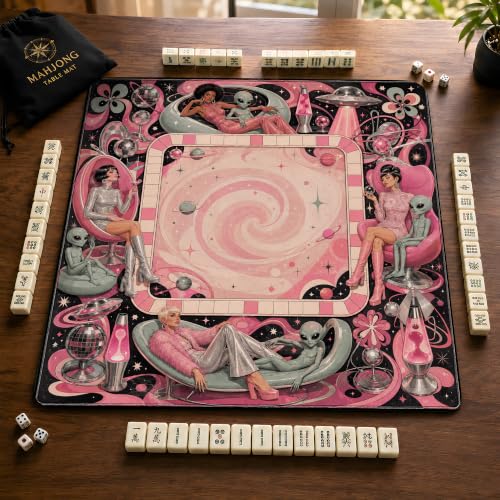 Y3NNI STUDIO Personalized Mahjong Mat, Pink Black Retro Cosmic Lounge Alien and Space Design, Custom Name or Monogram, Smooth Noise Reducing Surface with Carrying Bag for Tile Game Night - Image 5