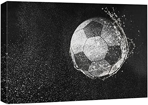 wall26 Canvas Print Wall Art Black & White Grayscale Raining Soccer Field Soccer Ball Sports Fitness Photography Realism Decorative Scenic Multicolor for Living Room, Bedroom, Office - 16x24