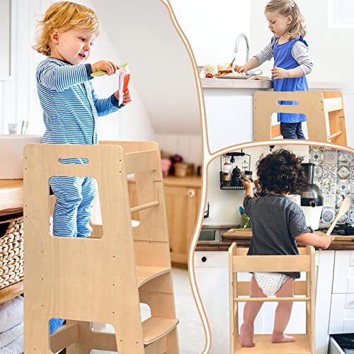 Wood City Kitchen Step Stool For Kids And Toddlers With Safety Rail, Adjustable Height Step Stool Helper Standing Tower Learning Stool For Bathroom & Kitchen Counter #TOP5