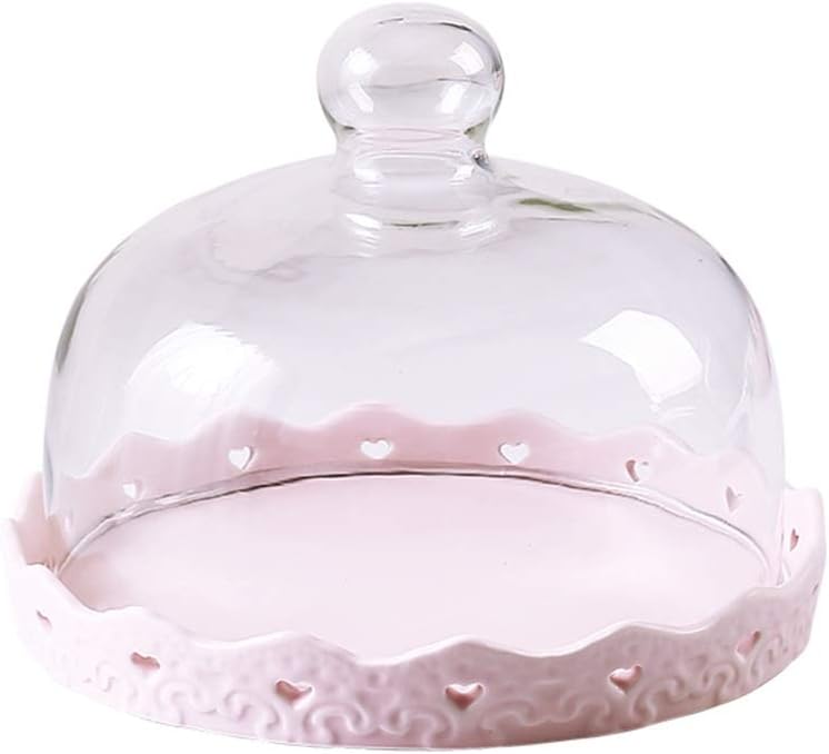 Cake Display Tray and Dome, Lace Hollow Ceramic Tray Transparent Glass Cover Salad Sushi Dust Dome Home Kitchen Fruit Dome Cake Stands(Pink,26.4cm)