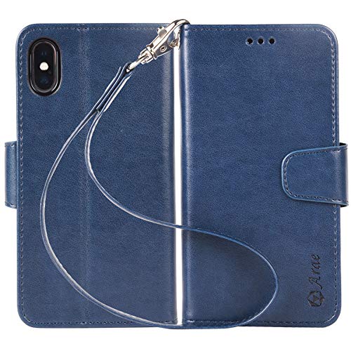 Arae Case For Iphone X/Xs, Premium Pu Leather Wallet Case [Wrist Straps] Flip Folio [Kickstand Feature] With Id&Credit Card Pockets For Iphone X (2017) / Xs (2018) 5.8 Inch (Not For Xr) - Blue #TOP6