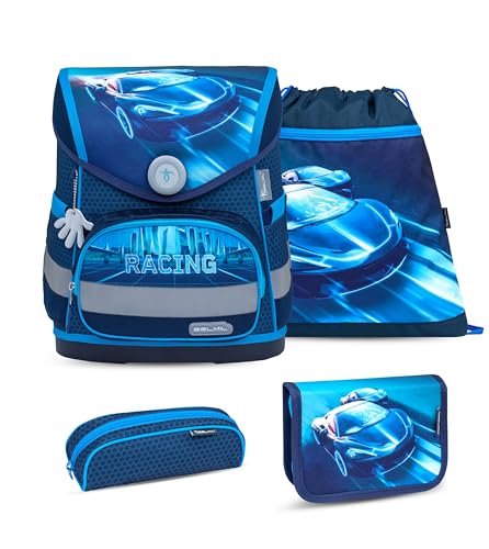 Belmil ergonomischer Schulranzen Set 4 -teilig für Jungen 1-4 Klasse Grundschule/Brustgurt/Magnetverschluss (405-41 Racing Blue Neon)