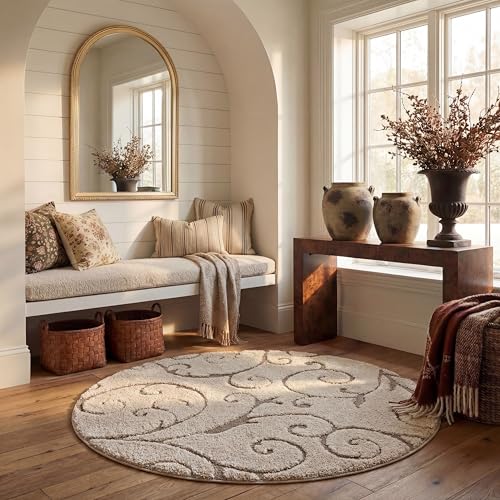 SAFAVIEH Florida Shag Collection Area Rug - 6'7' Round, Cream & Beige, Scroll Design, Non-Shedding & Easy to Clean, High-Low Plush Pile, Ideal for Living Room, Bedroom, Dining Space (SG455-1113)