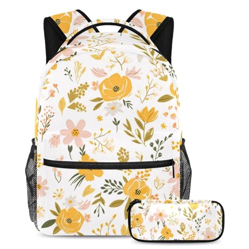 Sac à dos avec trousse jaune fleuri pour les cours et les sorties étudiantes quotidiennes
