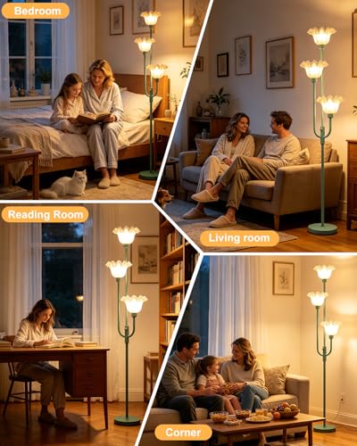 Image of 66'' Flower Floor Lamp for Living Room, Vintage Dimmable Floral Floor Lamp with LED Bulbs, Mid Century Modern Green Standing Tall Lamps for Bedroom /Sofa Beside /Corner Decor