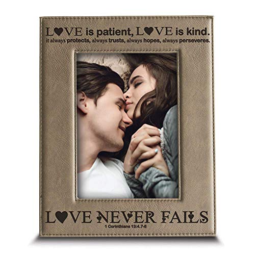 Bella Busta -Love Never Fails-1 Corinthians (Bible Verse)-Anniversary For Her, Him-Valentines Day- Engraved Leather Picture Frame (5 X 7 Vertical) #TOP11