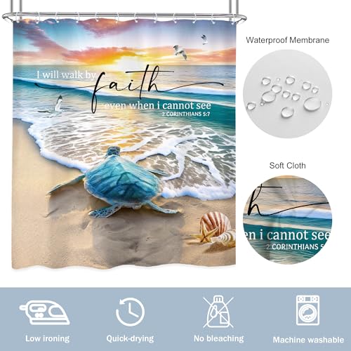 Newsely Beach Sea Turtle Ocean Shower Curtain 60Wx72H Inch Bible Verse Summer Animal Inspirational Quote Shower Curtain Bathroom Set Coastal Hawaii Scenery Waterproof Decoration Accessories Home Decor - Image 4