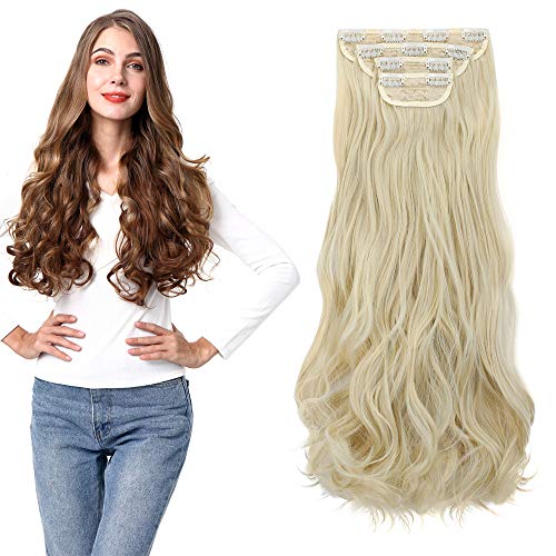 4Pcs Curly Weave Clip in Hair Extensions, Hair Pieces with 11 Clips, 24 inch Wavy Hairpieces for Women Beauty and Fashion- Bleach Blonde 280g Per Set