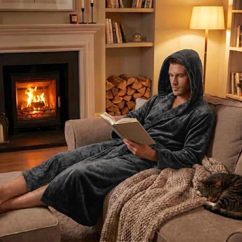 Image of U2SKIIN Mens Hooded Robe, Plush Robes for Men Long Fleece Bathrobe