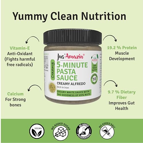 Image of Jus' Amazin 5-Minute Pasta Sauce - Creamy Alfredo (200g), Only 5 Ingredients, 100% Natural, 85% Nuts, Zero Additives, Ready to Cook, Italian Cuisine