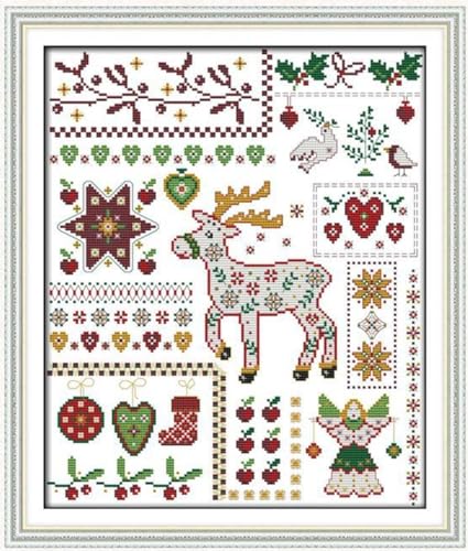 Image of Rosyfoxes Cross Stitch Kits Stamped Full Range of Embroidery Starter Kits for Beginners DIY 11CT 3 Strands - Printed kit Santa Elk with Dolls (Printed) 16.9x20.1 inches