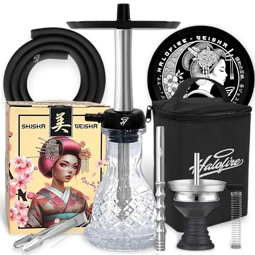 Halofire Geisha Chicha professionnelle avec diffuseur réglable, base en verre et mallette de transport, design compact pour usage personnel et professionnel Argenté 50 cm