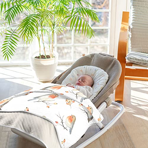 Image of Swaddle Blanket Robin Birds Cotton for Infants, Receiving Lightweight Soft Swaddling for Crib, Stroller, Nursery, 30x40 in, White