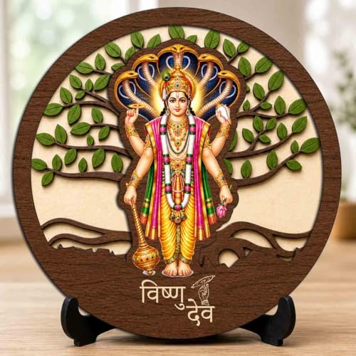 Image of Vishnu Ji Premium Wooden God Idol for Indoor Temple, Living Room Shelf, Work Desk & Puja Decor - 5x5 Inch