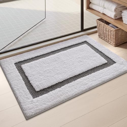 Image of Color&Geometry Mini White Bathroom Rugs 24x16, Extra Soft Absorbent Microfiber Bath Rug, Non-Slip Bathroom mat, Washable Plush Bath Mats for Bathroom, Shower, Bathtub, Laundry, Small, White Gray