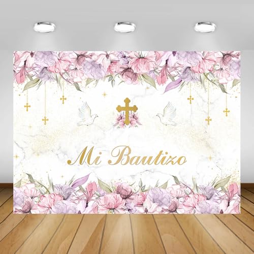 Toile de fond Mi Bautizo rose 2,1x1,5m décor baptême fille floral