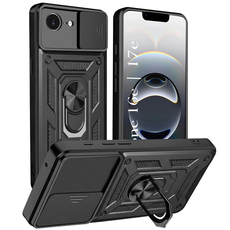 Image of Shockproof Back Case Cover for iPhone 16e /17e 5G, Shockproof iPhone 16e /17e Back Cover, Ring Case with Kickstand and Camera Protection Shutter - Black