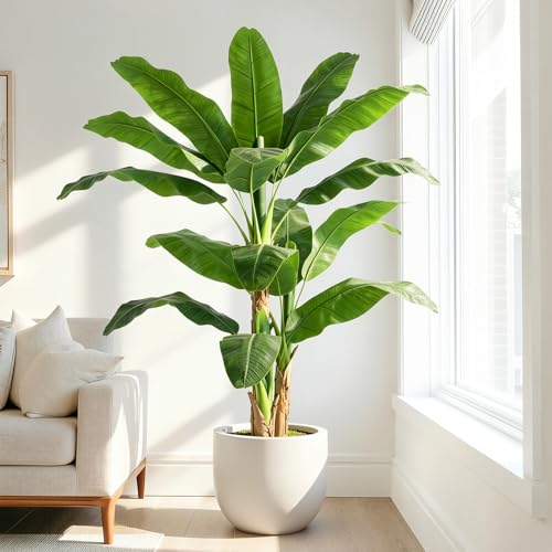 Image of 5ft Extra Tall Artificial Banana Tree, Fake Banana Leaf Plant with 12 Faux Banana Leaves, Perfect for Home Indoor Outdoor Patio Office Tropical Decor