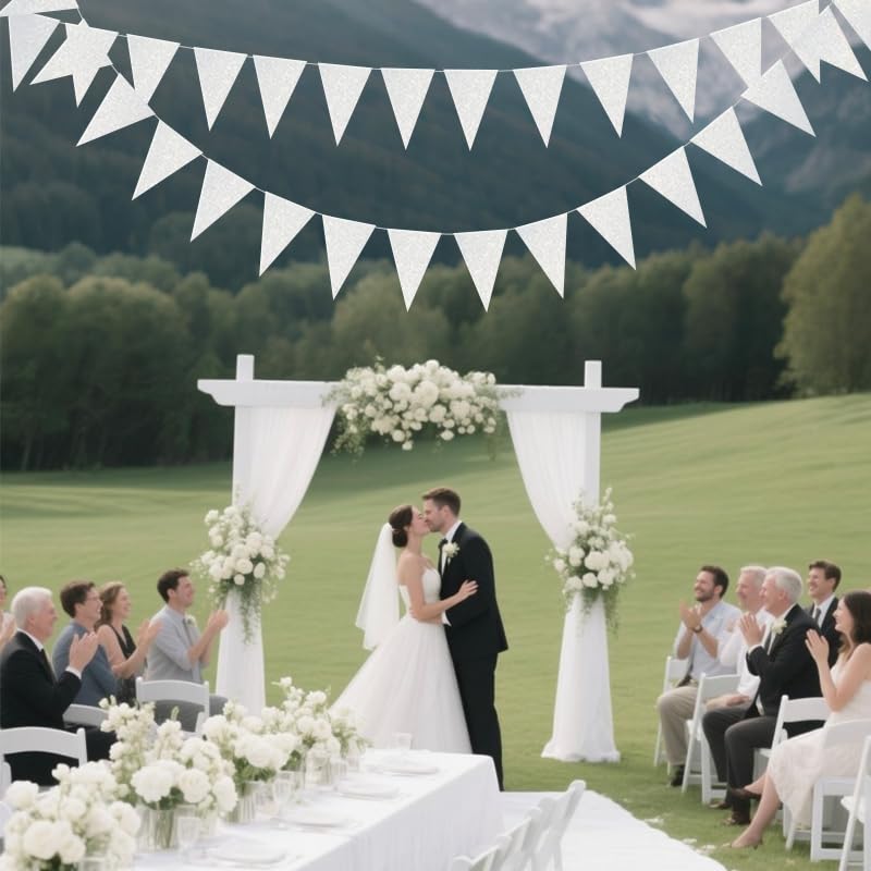 Image of White Hanging Triangle Flag Pennant Garland White Hanging Paper Pennant Streamer Paper Triangle Flag Bunting Banner for Graduation Wedding Engagement Birthday Party Decorations 30 Feet