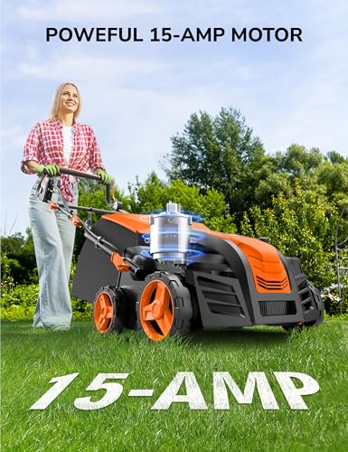 Image of Aspiron Artificial Grass Sweeper, 16-Inch 2000W Electric Power Broom for Artificial Turf, Lawn Sweeper with 55L Removable Collection Bag, 5-Position Height Adjustment, Foldable, Orange