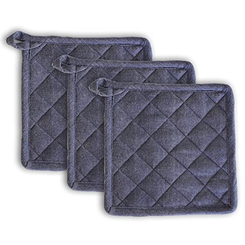 Image of 3 Pot Holder Heat Resistant Cotton Hot Pad or Pot Stand for Kitchen Cooking & Baking | Quilted Thick Fabric, Easy Grip, Hanging Loop (Blue)