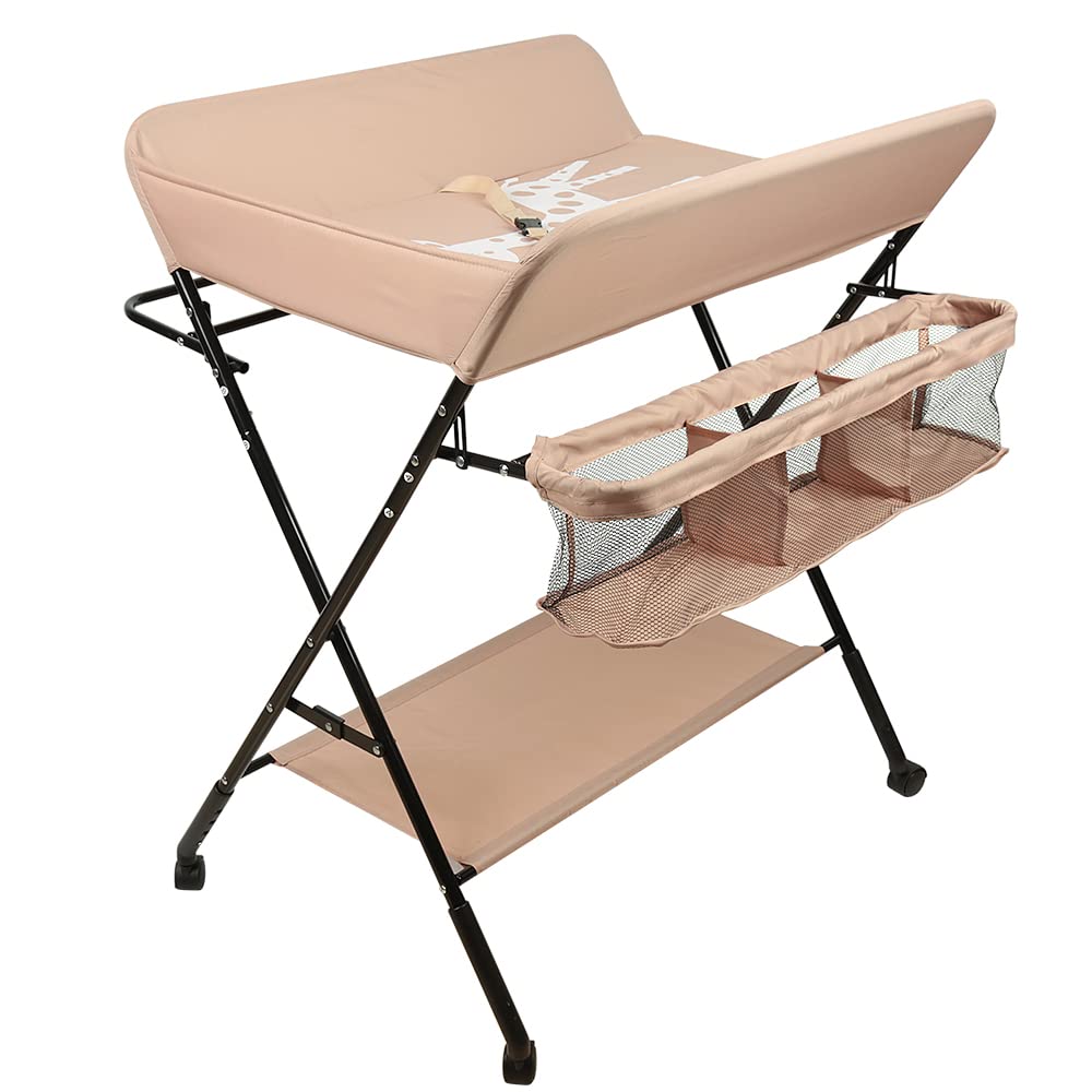 OHMG Fasciatoio pieghevole per bambini, fasciatoio con ruote, fasciatoio mobile con fasciatoio, cintura di sicurezza e scomparti, impermeabile e regolabile in altezza, stabile
