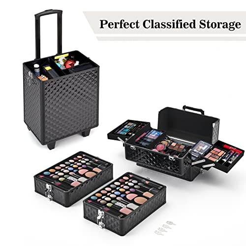 Qivange 4 In 1 Aluminum Professional Makeup Trolley Vanity Case For Artists Beautician Extra Large Travel Jewellery Box Train Case W/ 2 Wheels (Black) #TOP3