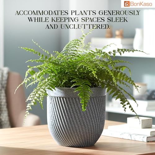 Image of Bonkaso 12 Inch Seltos Ribbed Planter for Indoor & Outdoor Use | Round Heavy Duty Polymer Flower Pot | Lightweight Weather Resistant Modern Gamla for Living Room Balcony & Terrace (Light Grey)