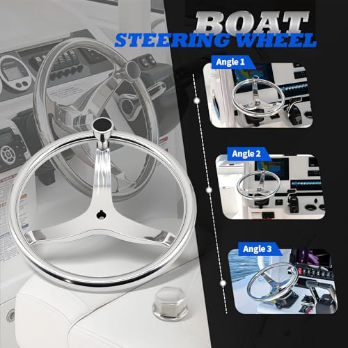 Jecoupoon 13 1/2\" Universal Boat Steering Wheel 3 Spoke Stainless Marine Boat Steering Wheel with Knob 5/8\"-18 Retaining Nut - Thumbnail 5