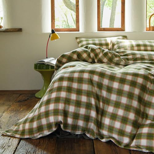 Image of EAVD Vintage Style Gingham Duvet Cover Full Soft 100% Muslin Cotton Yarn-Dyed Textured Chic Pink&Green Grid Plaid Bedding Set with 2 Pillowcases British-Style Plaid Duvet Cover with Zipper