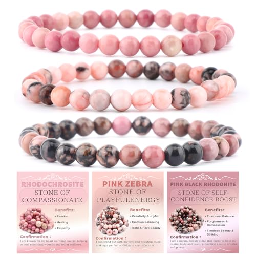 NCB 3-Piece 6mm Natural Crystal Gemstone Stretch Bracelets - Rhodochrosite, Pink Zebra, Pink Black Rhodonite Handmade Reiki Energy Healing Jewelry for Meditation, Yoga, Unisex