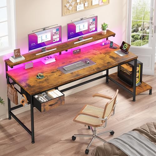 Image of 47.2 Inch Office Desk with Power Outlet & Ergonomic Monitor Stand,Gaming Desk with CPU Stand& LED Lights,Computer Desk with Drawer for Home Work,Study Redroom and Gaming,Small Spaces,Rustic Brown