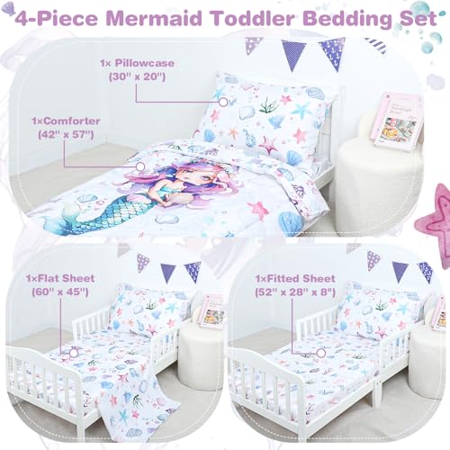 Image of Toddler Bedding Set for Girls, 4 Piece Toddler Bedding Sets Purple Toddler Bed Comforter Set Includes Soft Reversible Comforter, Fitted Sheet, Flat Sheet, Envelope Pillowcase, Ocean Mermaid