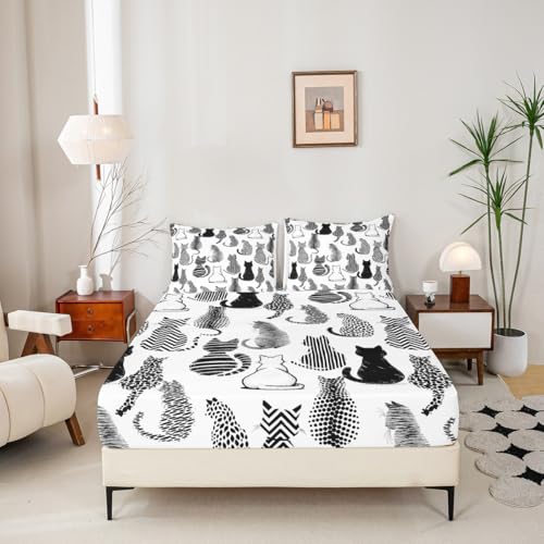 Image of Cat Kitten Silhouette Bed Sheet Queen Size,Striped Polka Dots Sheets,Cute Cat Pattern Bedding Sets (1 Fitted,1 Flat,2 Pillowcases) Luxury Deep Pocket Bed Sheets