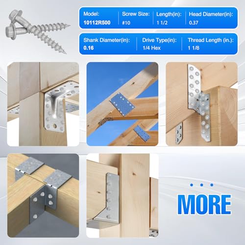 Image of Mech.Galv.#10 x 1-1 /2 inch Joist Hanger Screws-500 Qty, Joist Connector Screws | 10112R500 Hurricane Screws,1 /4 inch Hex Socket Wood Screw,0.370 inch-Dia Deck Screw,1500 Hours Salt Spray Test Connector Screws