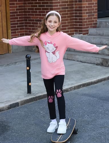 Image of PATPAT Girls 2 Piece Outfits Size 10-11 Years Pink Cat Print Hoodies and Black Leggings Clothing Sets Preppy Clothes For Girls Oversized Hoodie Sweat Set Sweatshirt Pant Sets