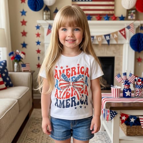 Image of Kids Toddler Girls 4th of July T-Shirt Short Sleeve Patriotic Coquette Bow American Flag Independence Day Top