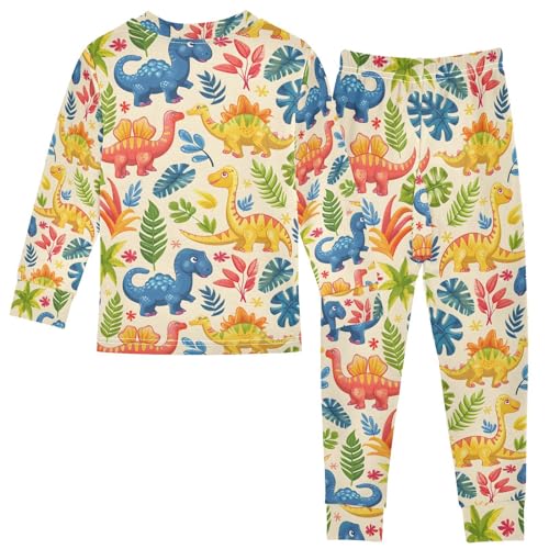 ALAZA Dinosaur Palm Tree Leaf Color Pajamas Long Sleeve Sleepwear 2-Piece Pajama Set2